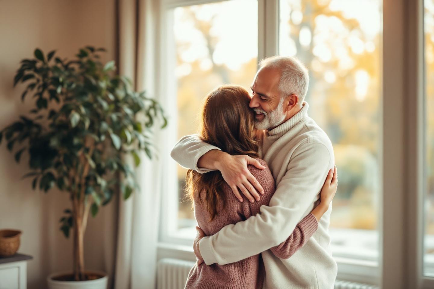 Un homme &acirc;g&eacute; et une femme s'enlacent tendrement pr&egrave;s d'une fen&ecirc;tre