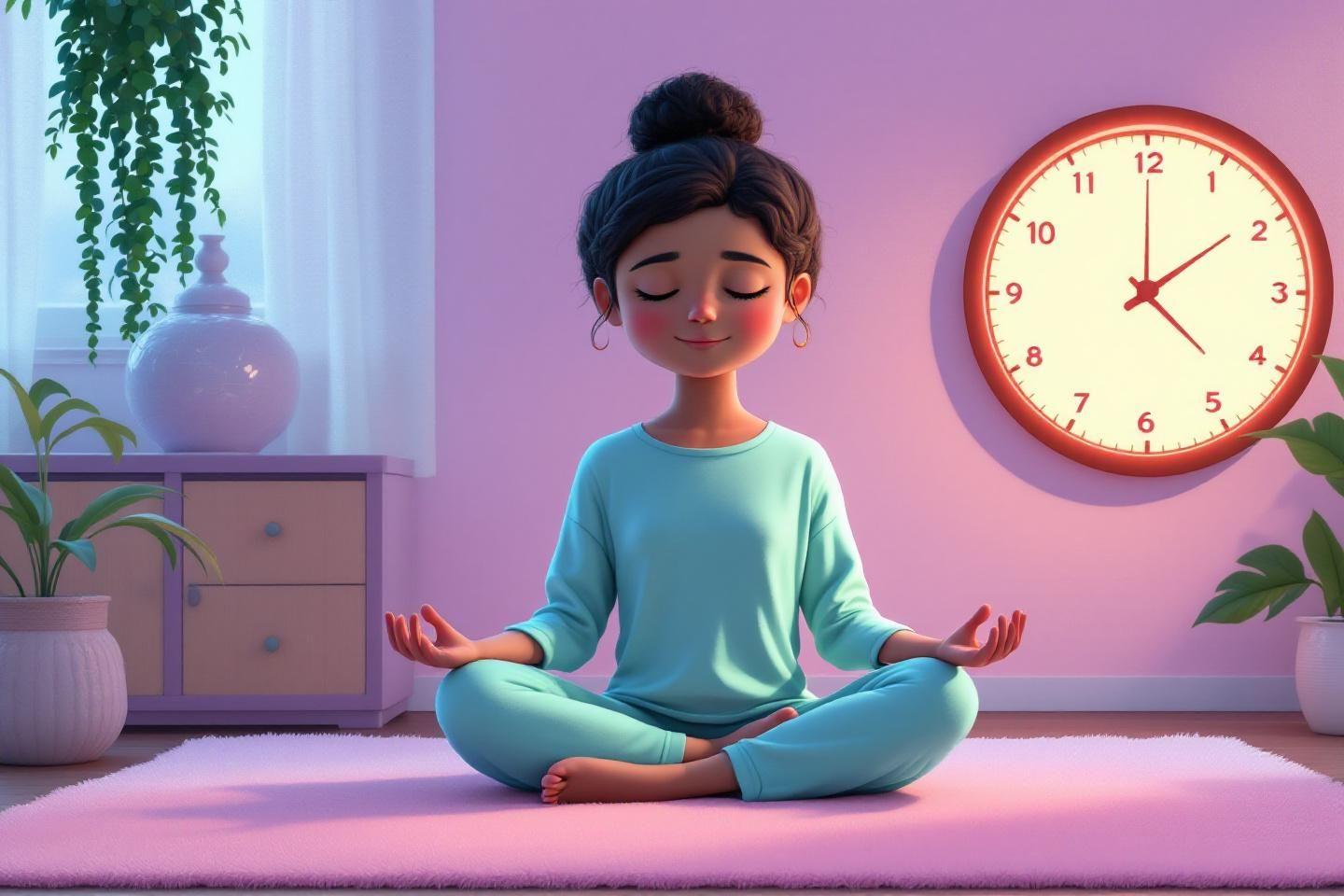 Femme en tenue bleue m&eacute;ditant paisiblement dans un salon lumineux