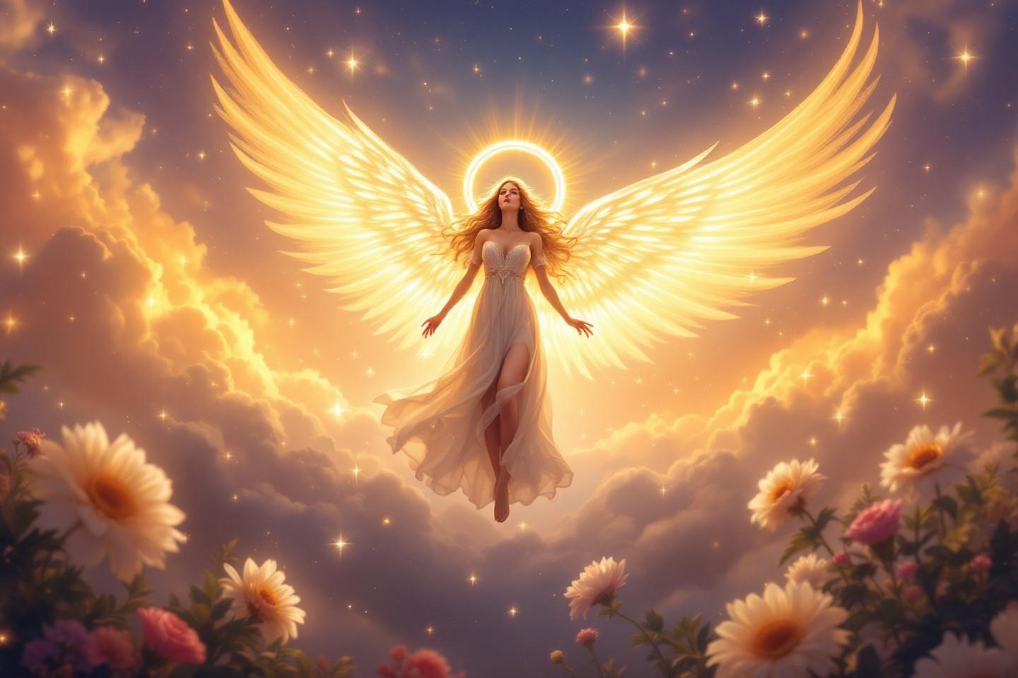 Ange ail&eacute; brillant volant au-dessus des fleurs c&eacute;lestes
