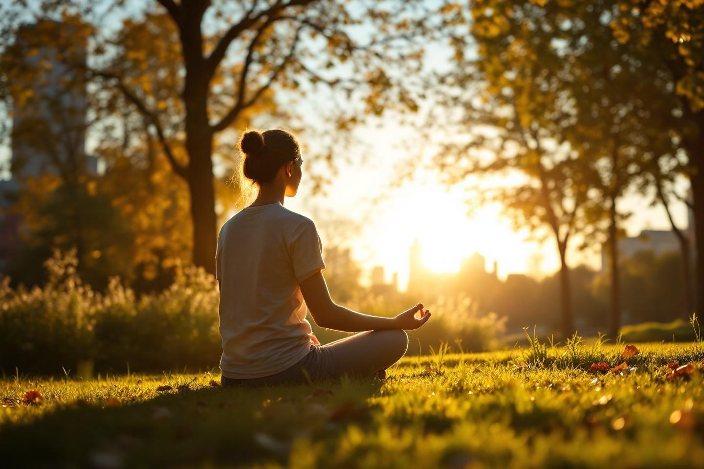 Personne m&eacute;ditant dans un parc aux couleurs d'automne