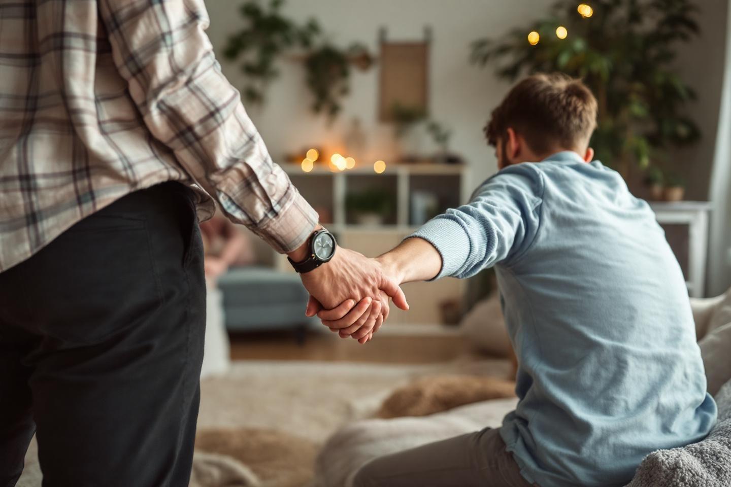 Deux personnes se serrant la main, ambiance apaisante et intime