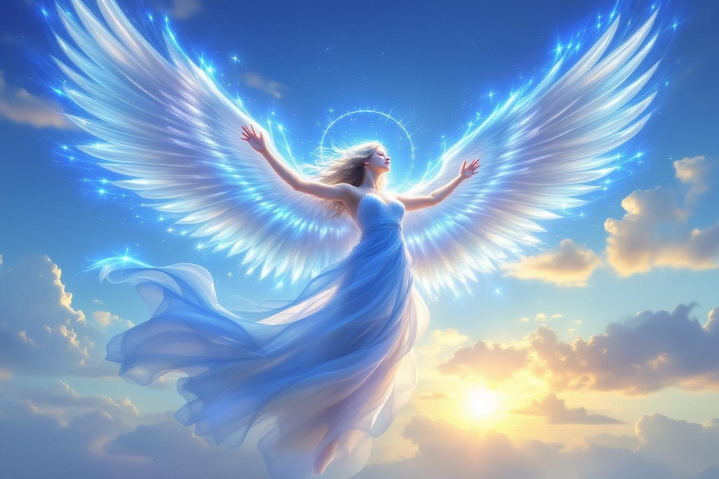 Figure ang&eacute;lique en robe bleue d&eacute;ployant des ailes &eacute;tincelantes