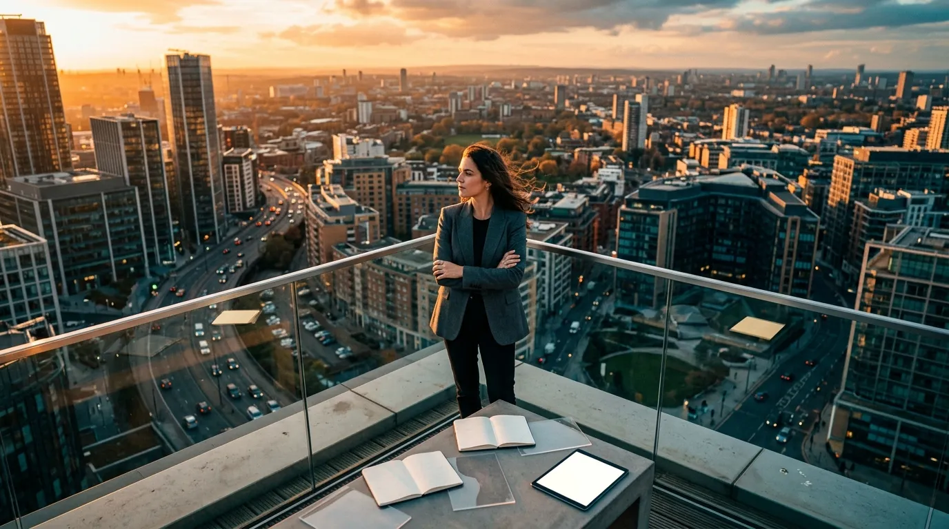 Femme d'affaires contemplant la ville depuis une terrasse panoramique.