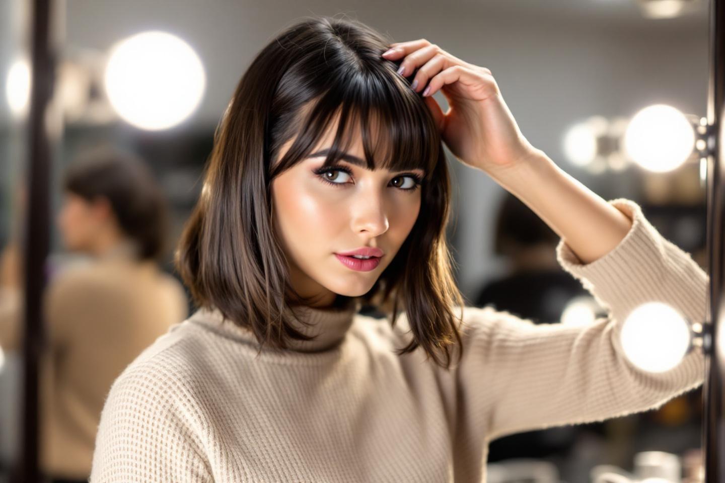 Femme aux cheveux bruns dans un pull beige, lumi&egrave;res en fond