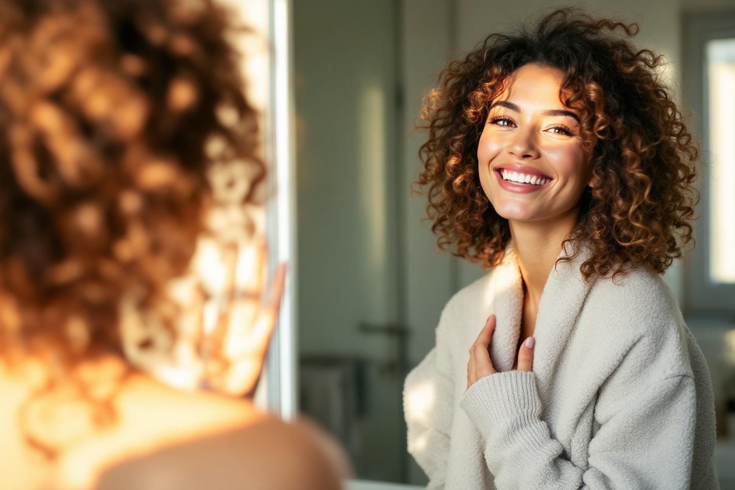 Femme aux cheveux boucl&eacute;s souriante dans un pull gris clair