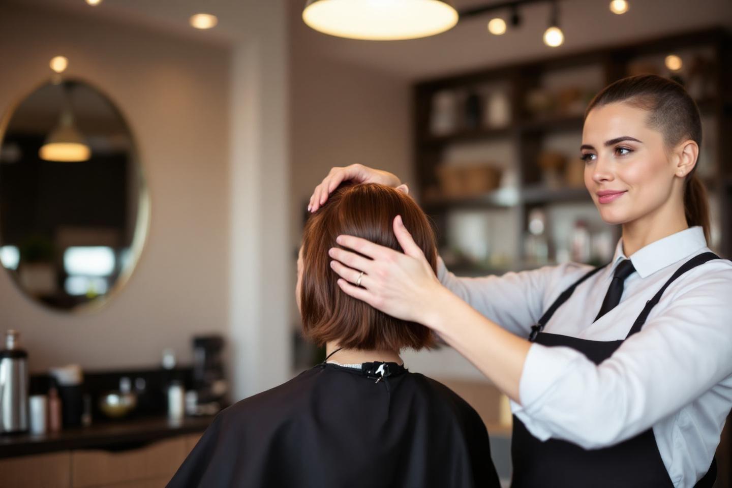 Coiffeuse professionnelle pr&eacute;parant les cheveux d'une cliente