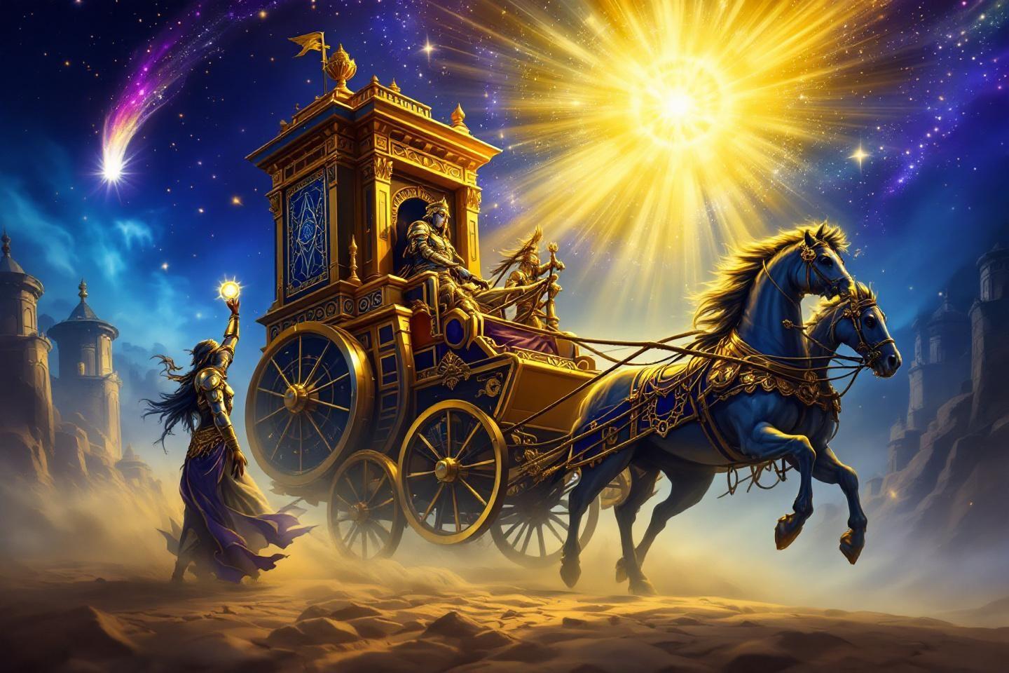 Char mythique dor&eacute; tra&icirc;n&eacute; par des chevaux dans un d&eacute;sert &eacute;toil&eacute;