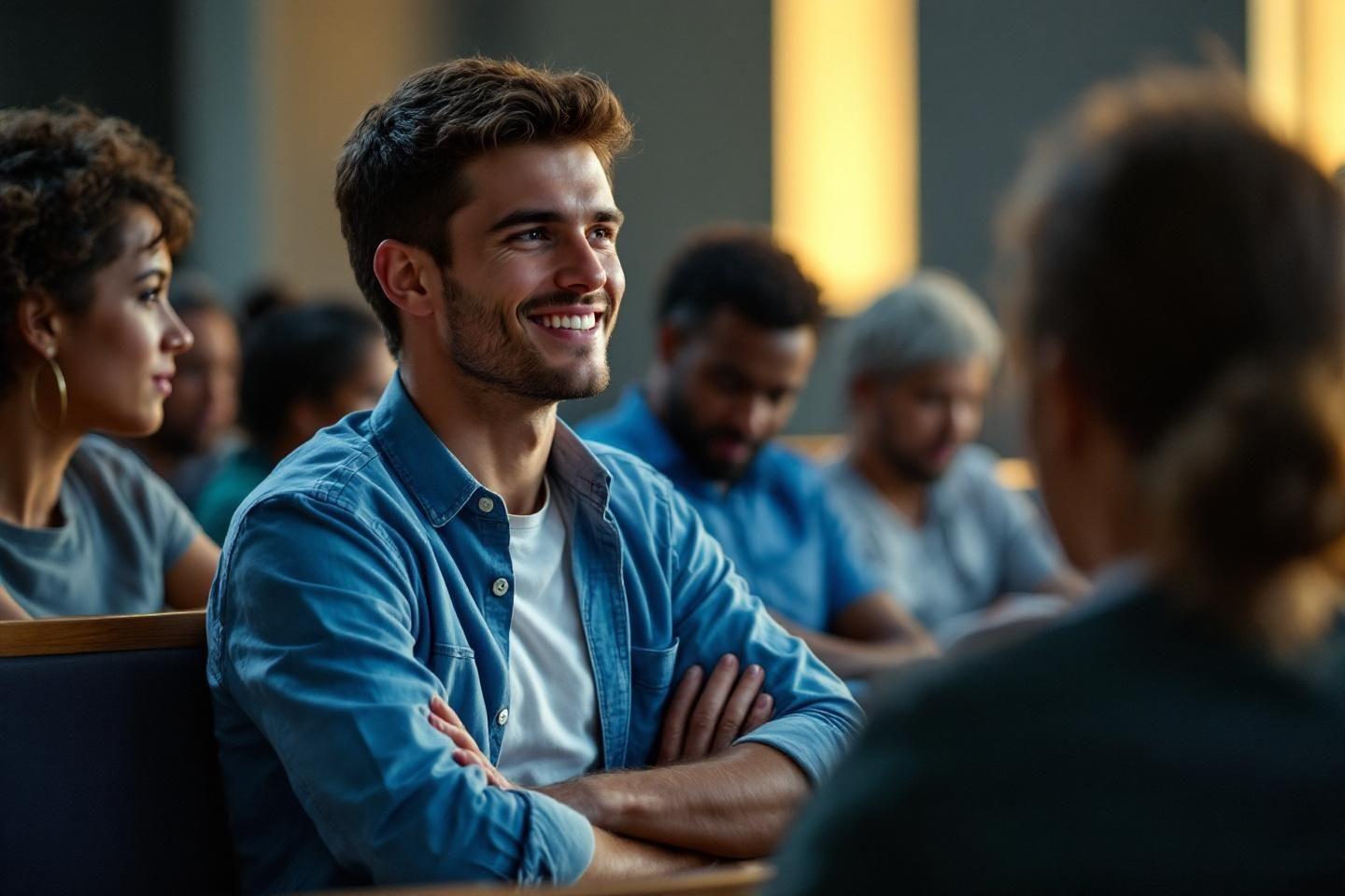 Homme souriant, bras crois&eacute;s, dans un environnement de travail