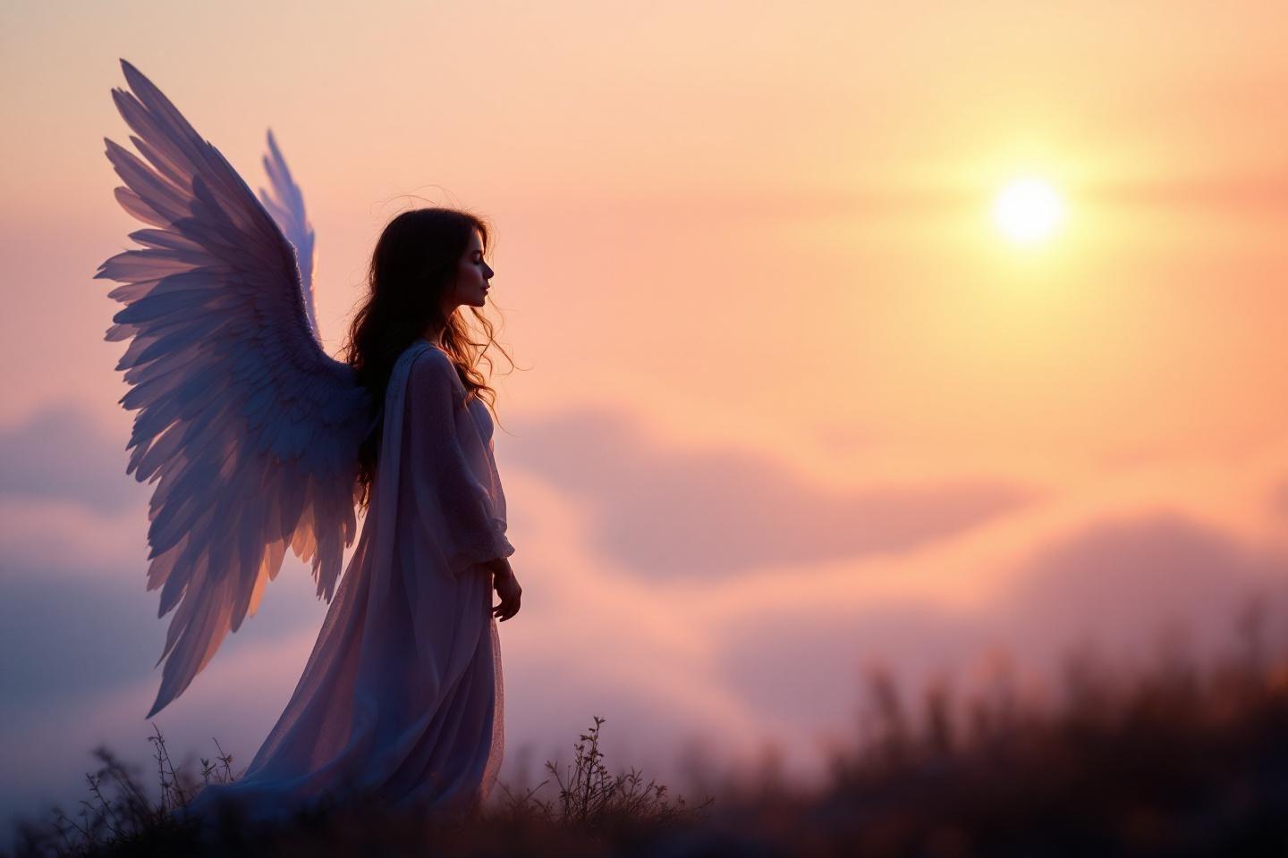 Silhouette ang&eacute;lique contemplant le coucher de soleil