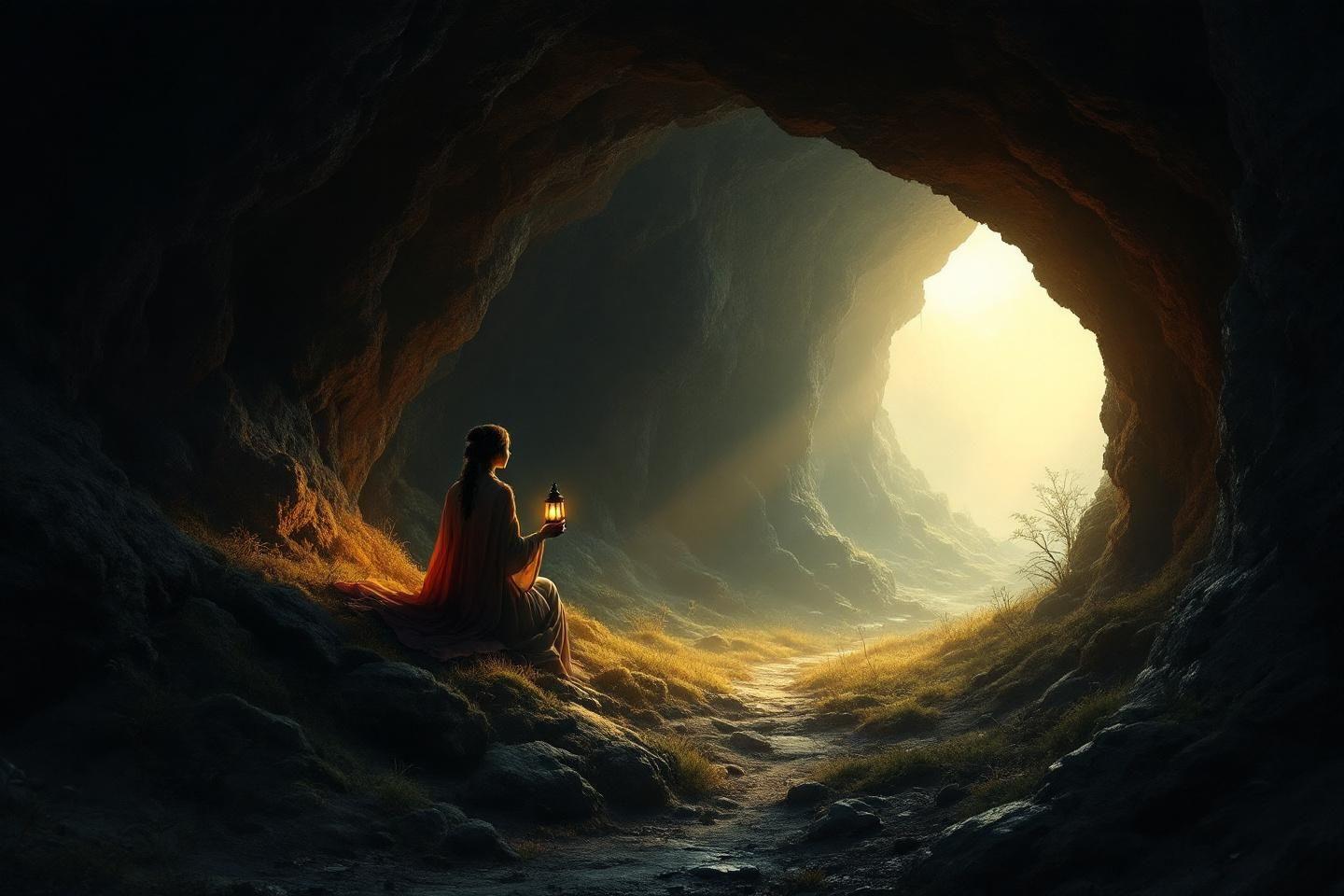 Silhouette m&eacute;ditative avec lanterne dans une grotte lumineuse
