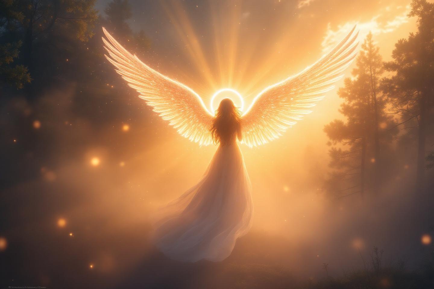 Silhouette ang&eacute;lique ail&eacute;e brillant dans un paysage forestier brumeux