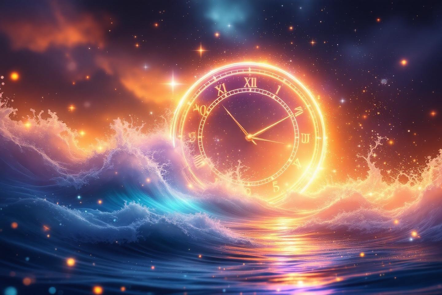 Horloge lumineuse flottant dans des vagues stellaires color&eacute;es