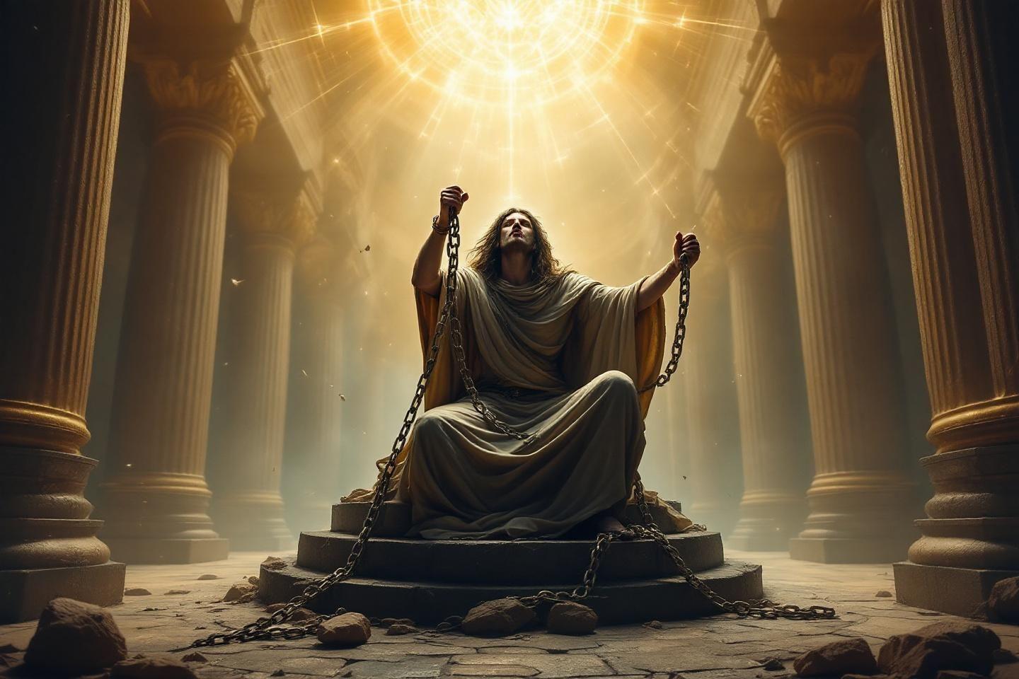 Figure encha&icirc;n&eacute;e levant les bras sous une lumi&egrave;re divine