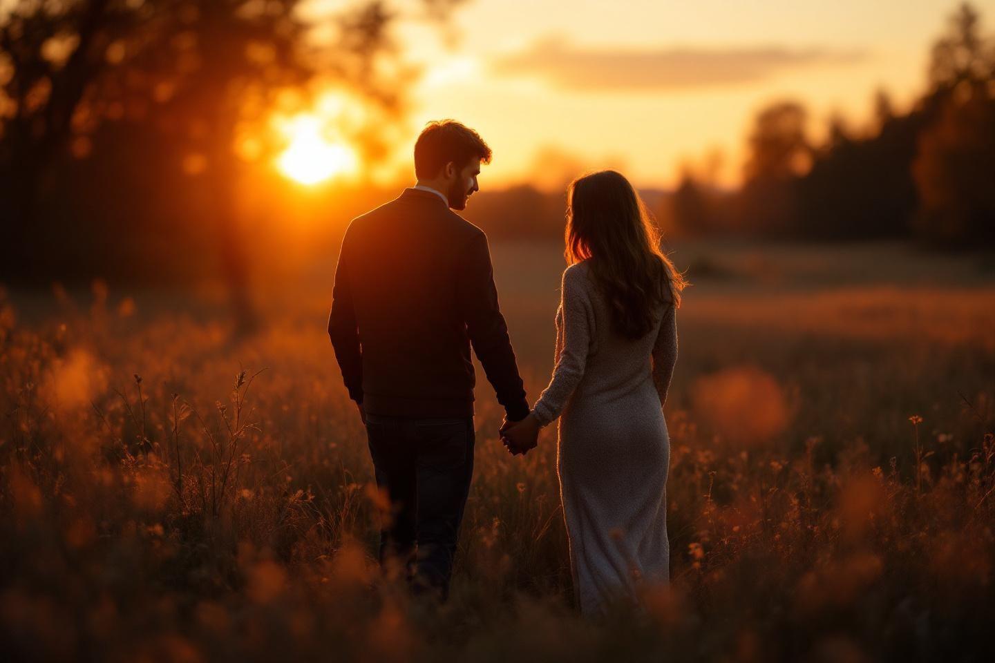 Couple marchant main dans la main dans un champ dor&eacute;