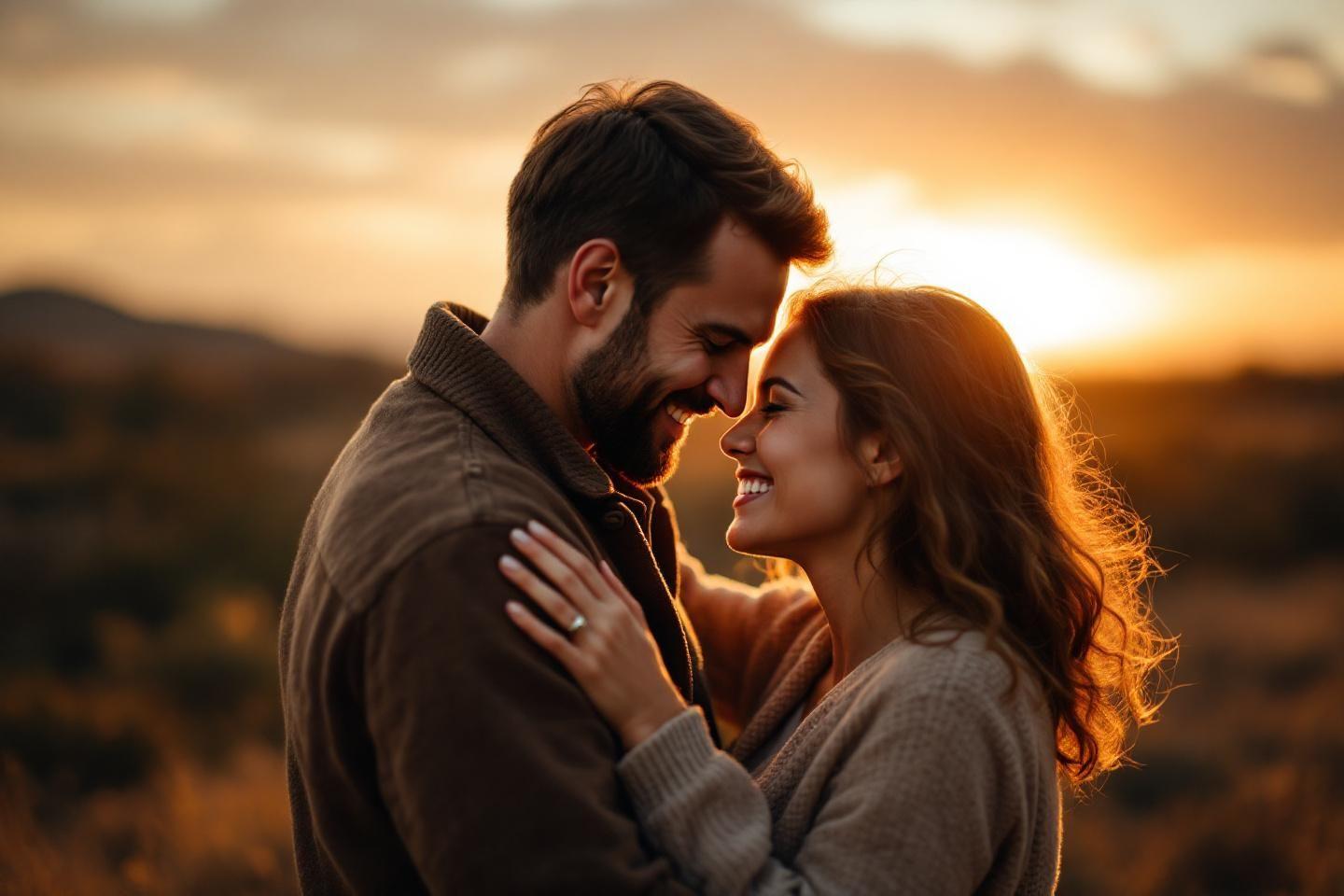 Couple enlac&eacute;, lumi&egrave;re dor&eacute;e, sourires tendres