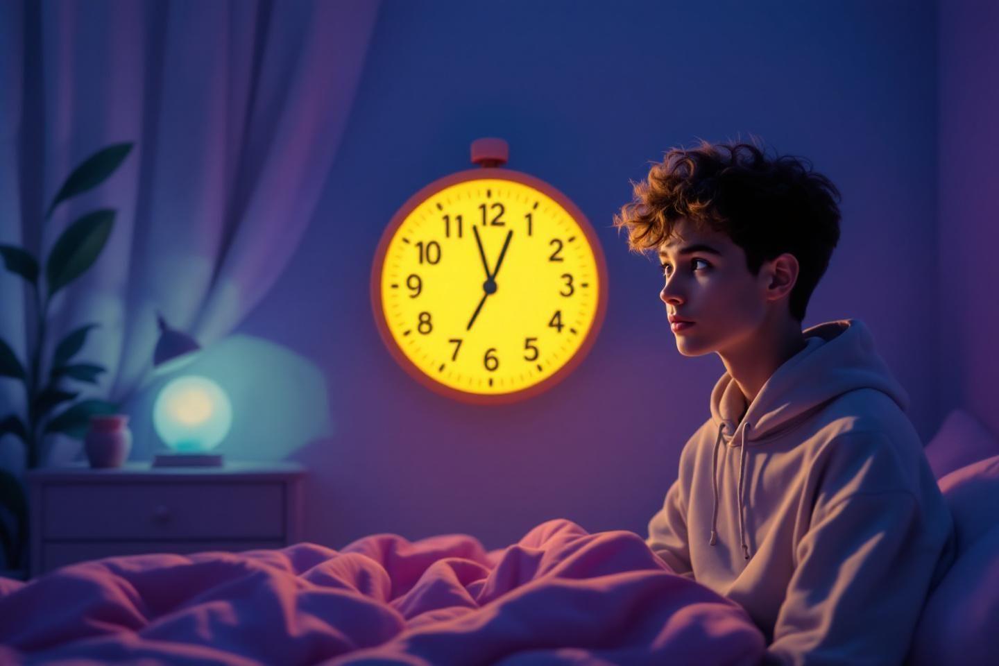 Jeune personne &eacute;veill&eacute;e la nuit, regardant une horloge jaune