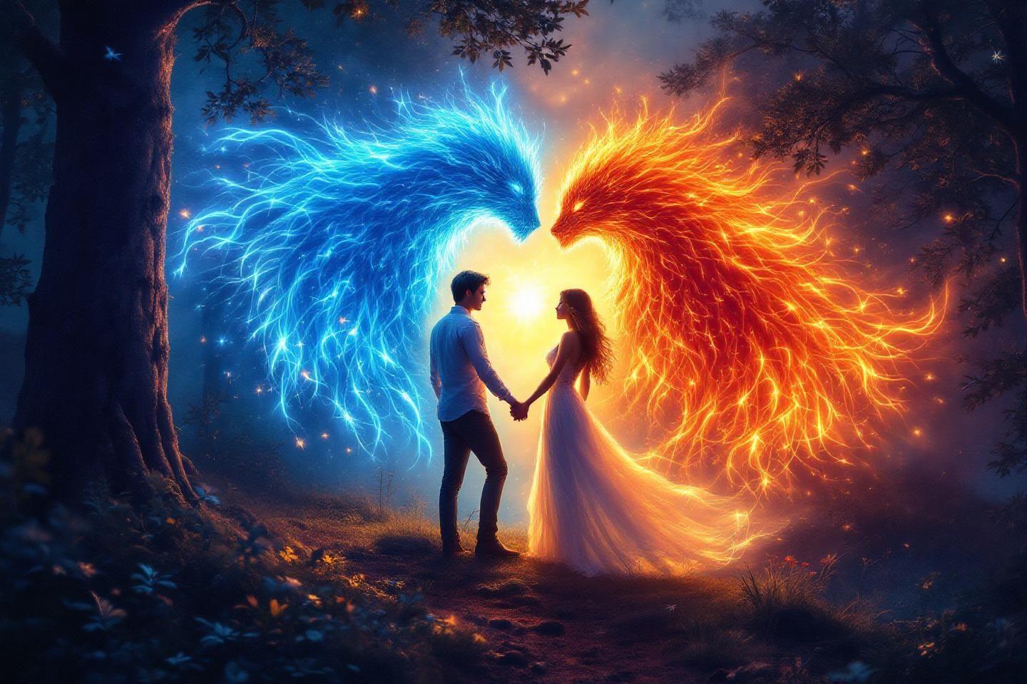 Deux silhouettes avec des ailes de feu et de glace, main dans la main