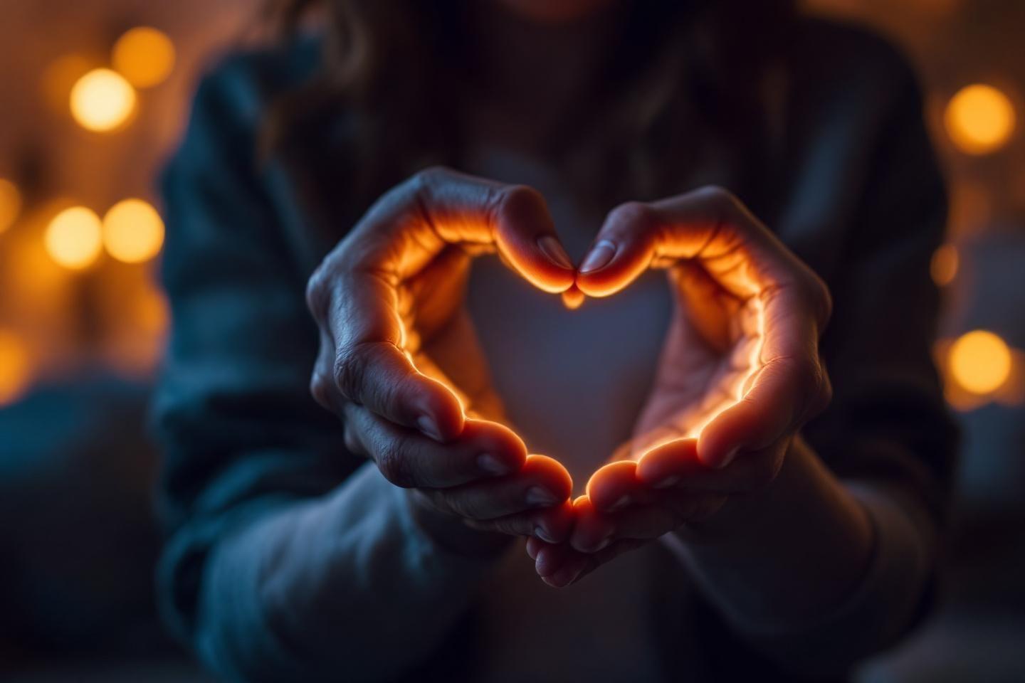 Mains dans une lueur dor&eacute;e formant la forme d'un c&oelig;ur