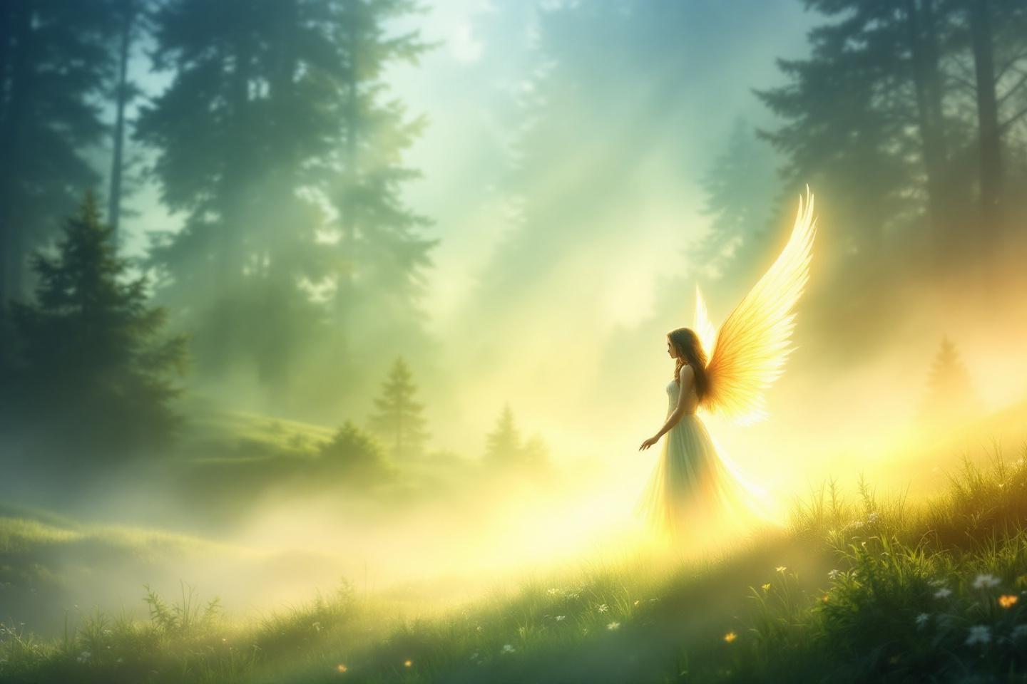 Silhouette ail&eacute;e lumineuse dans un paysage forestier brumeux verdoyant