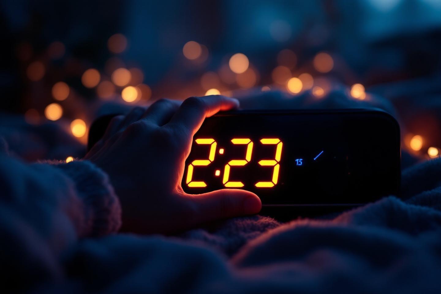 &Eacute;cran digital affichant 2:23 dans une ambiance nocturne lumineuse