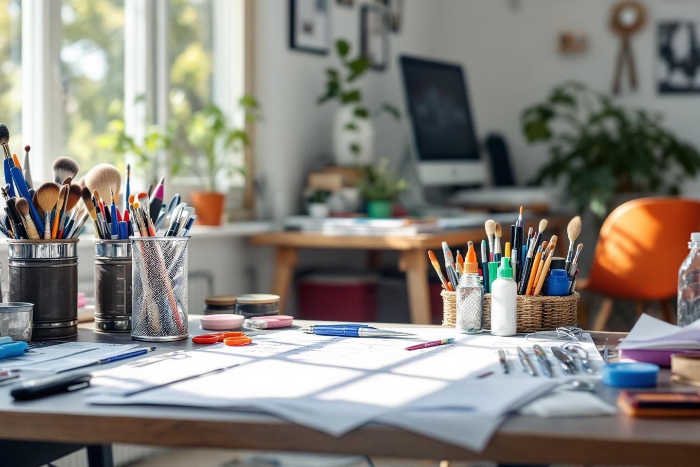 Bureau avec pinceaux, crayons et mat&eacute;riel de dessin pr&egrave;s de fen&ecirc;tre
