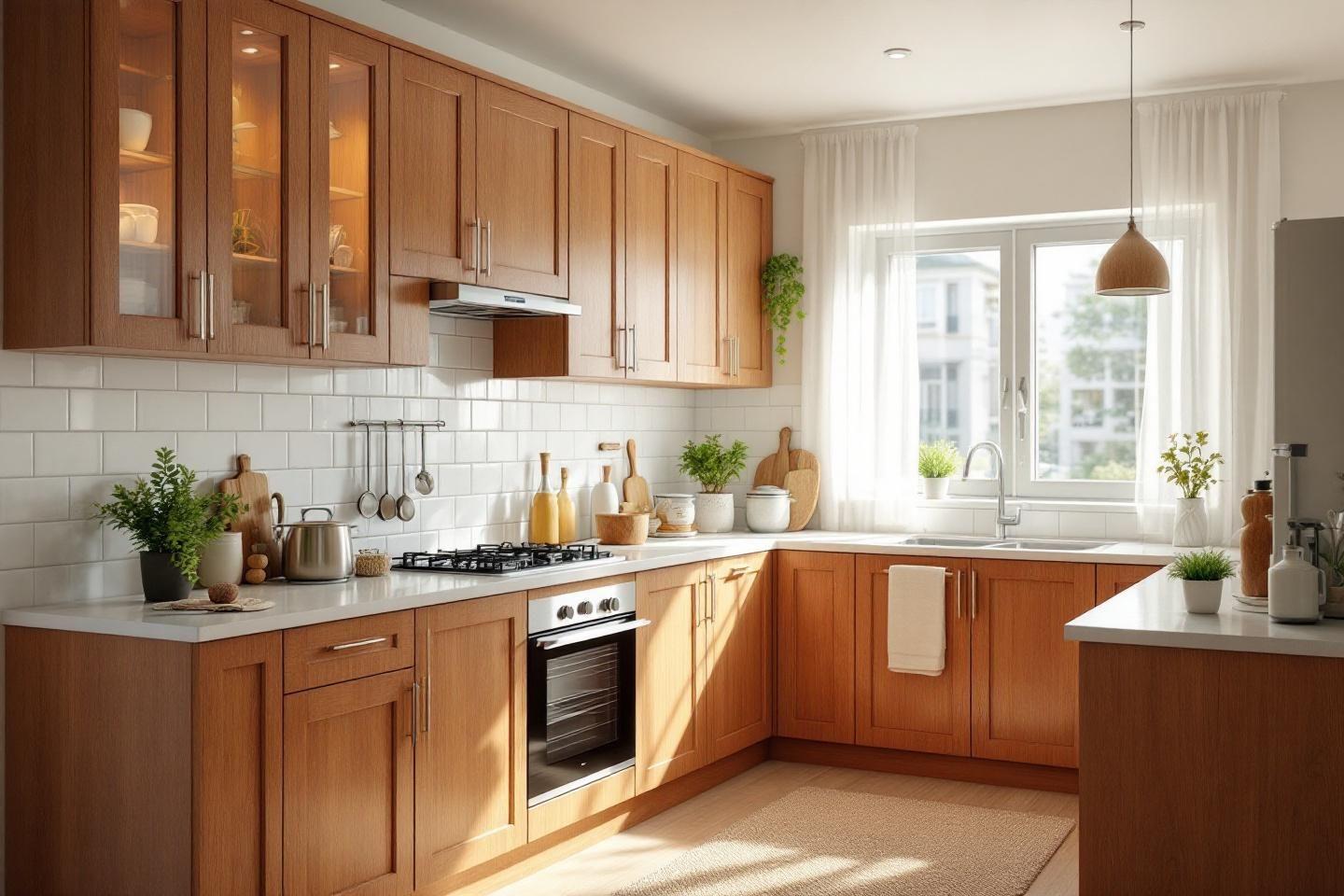 Cuisine moderne avec meubles en bois et plan de travail blanc