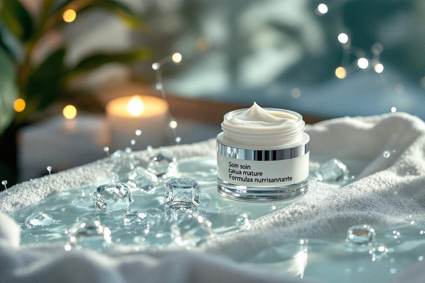 Pot de crème cosmétique entouré de glaçons et de lumières