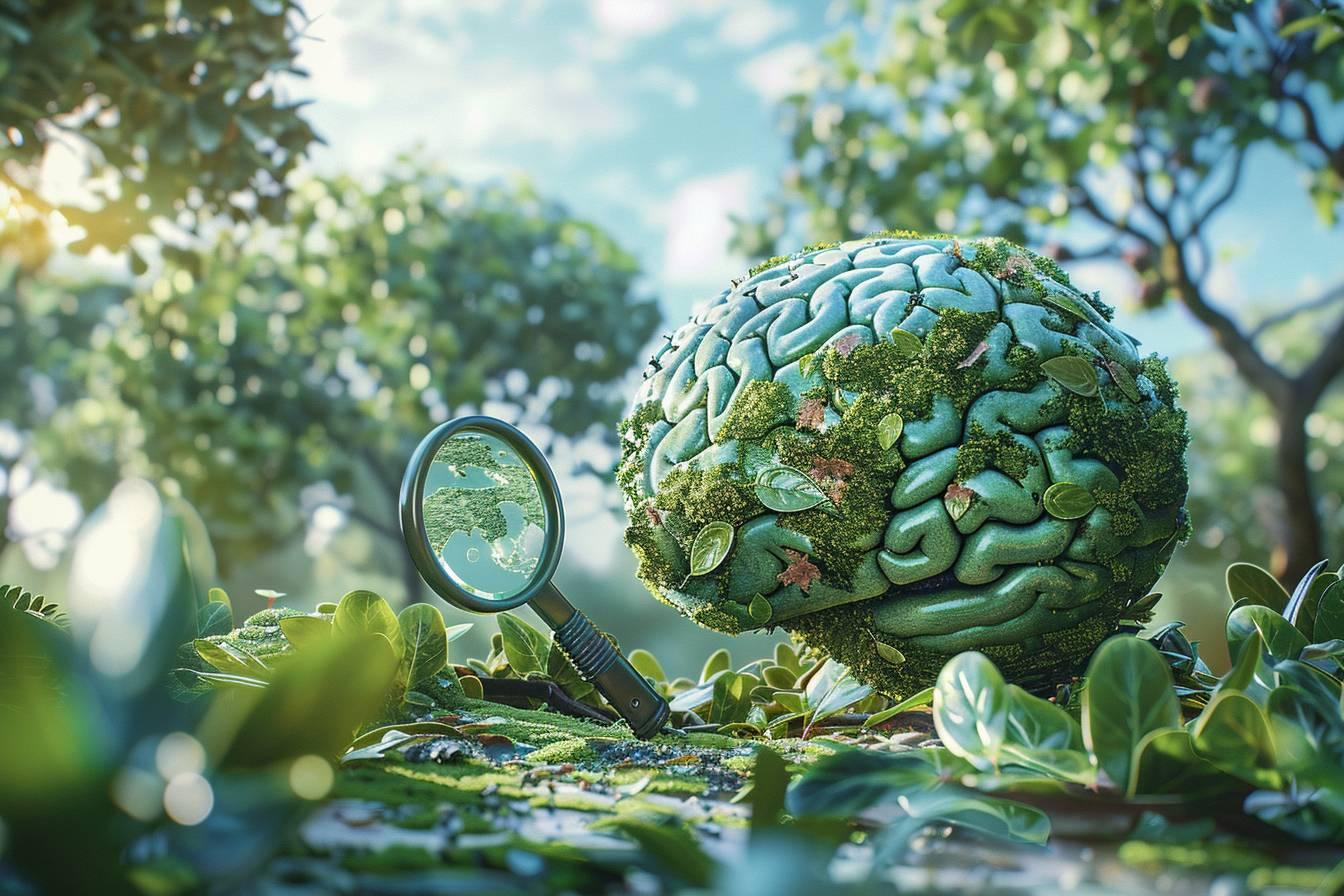 Une sphère de verdure représentant un cerveau recouvert de plantes et de feuilles.