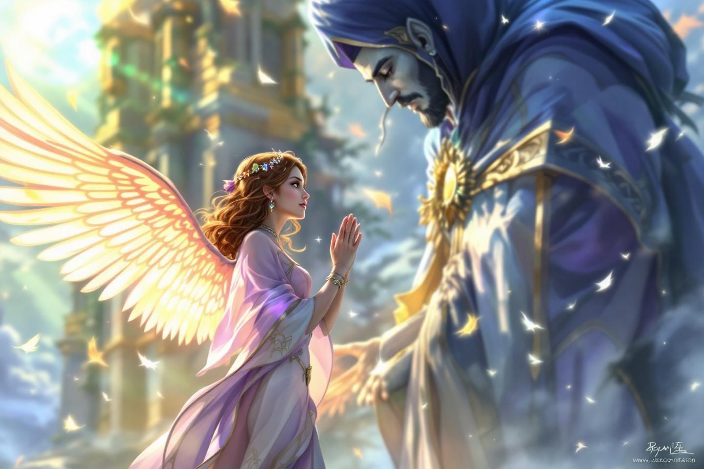 Une angélique figure ailée face à un sombre gardien mystérieux