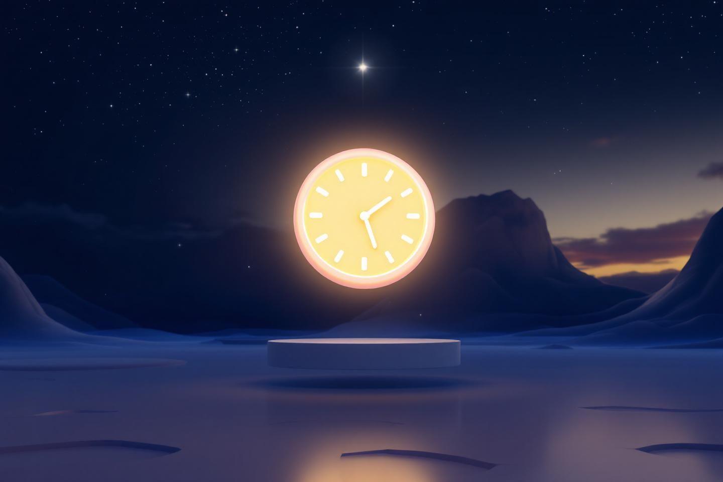 Horloge lumineuse flottant dans un paysage nocturne montagneux