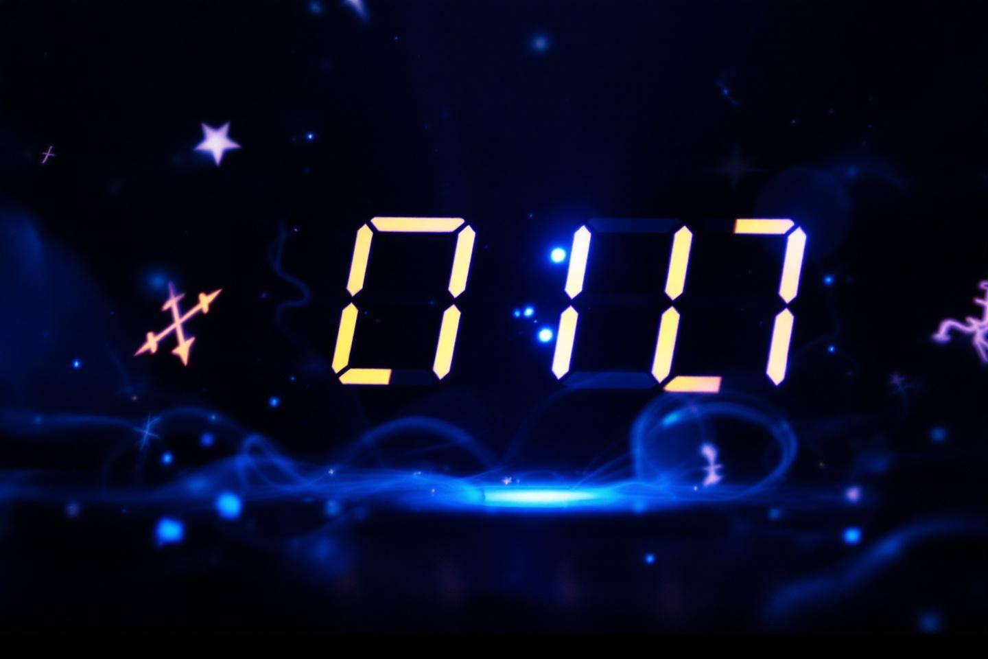Affichage digital 01:17 dans un fond étoilé bleu