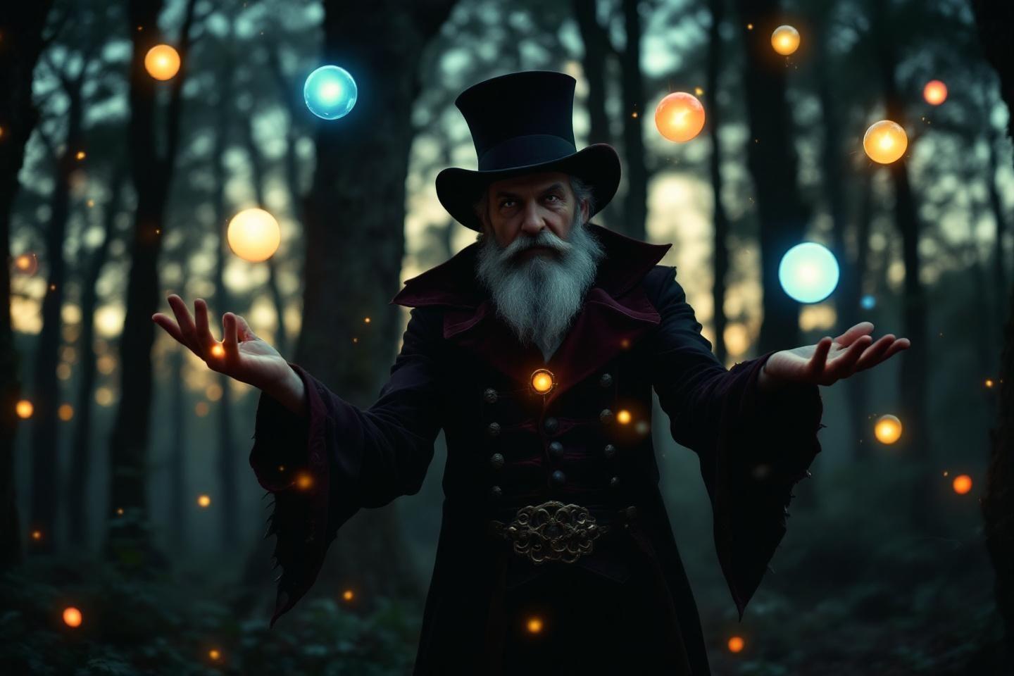 Vieil homme à chapeau contrôlant des orbes lumineux dans une forêt