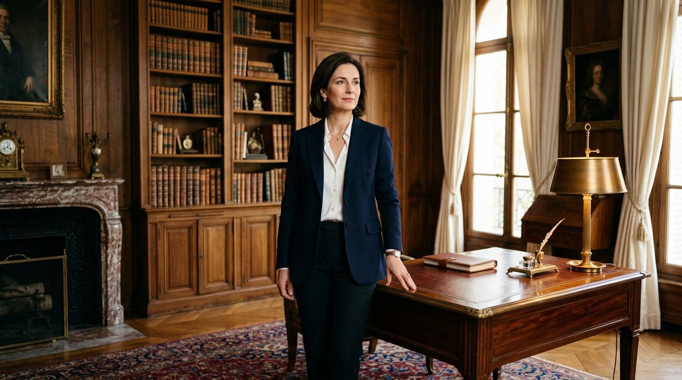 Femme en costume bleu dans un élégant bureau en bois