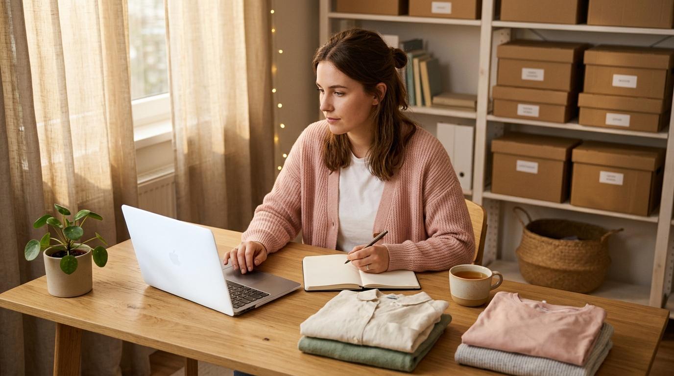 Femme écrivant sur ordinateur portable au bureau avec vêtements