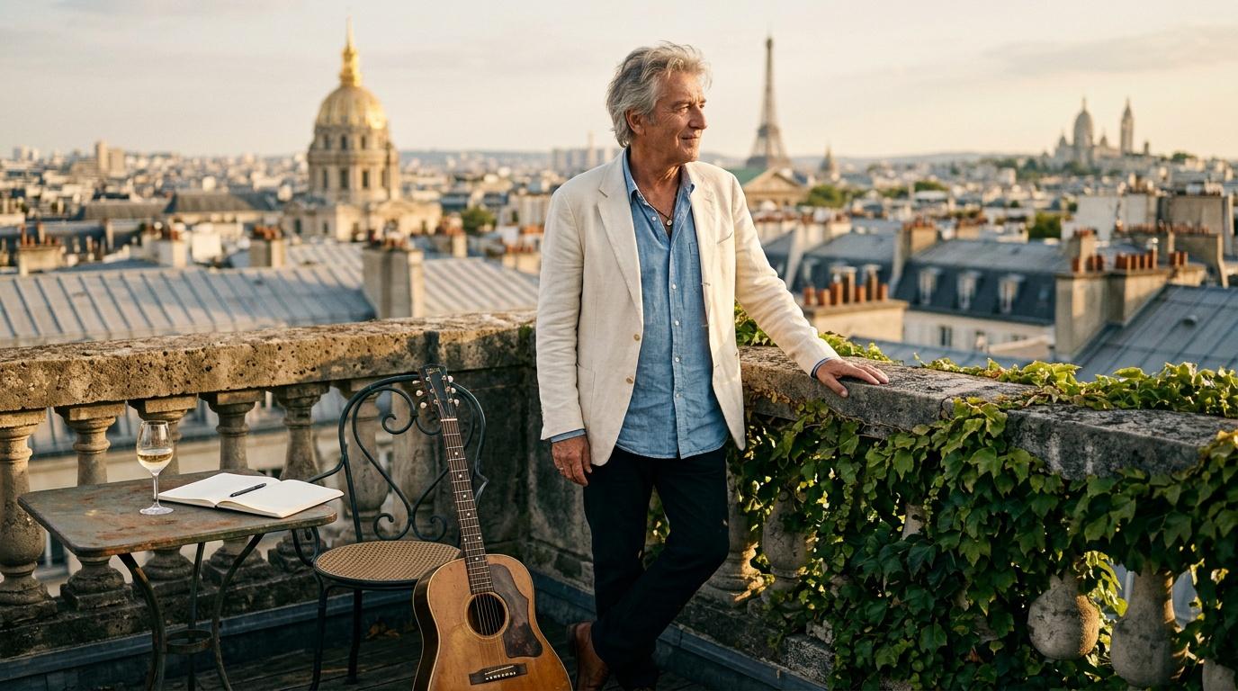 Homme avec guitare sur terrasse parisienne, vue sur Eiffel