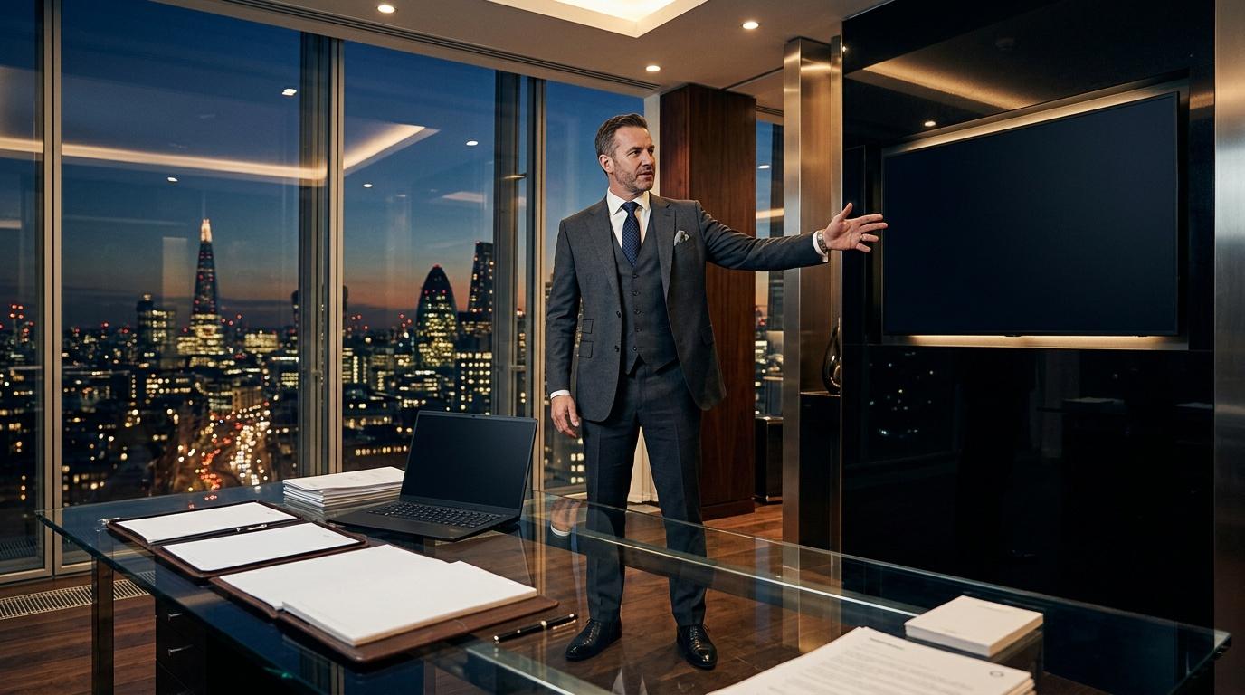 Homme d'affaires présentant dans un bureau panoramique nocturne